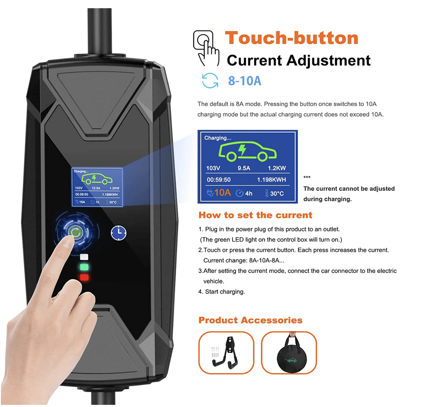 100-240V Type 1 Electric Vehicle EV Charger | 5 Meters Cable, 8/10A Adjustable | Australian Plug | Portable SAE J1772 EVSE Electric Vehicle Charger Plug-in EV Charging Cable Station