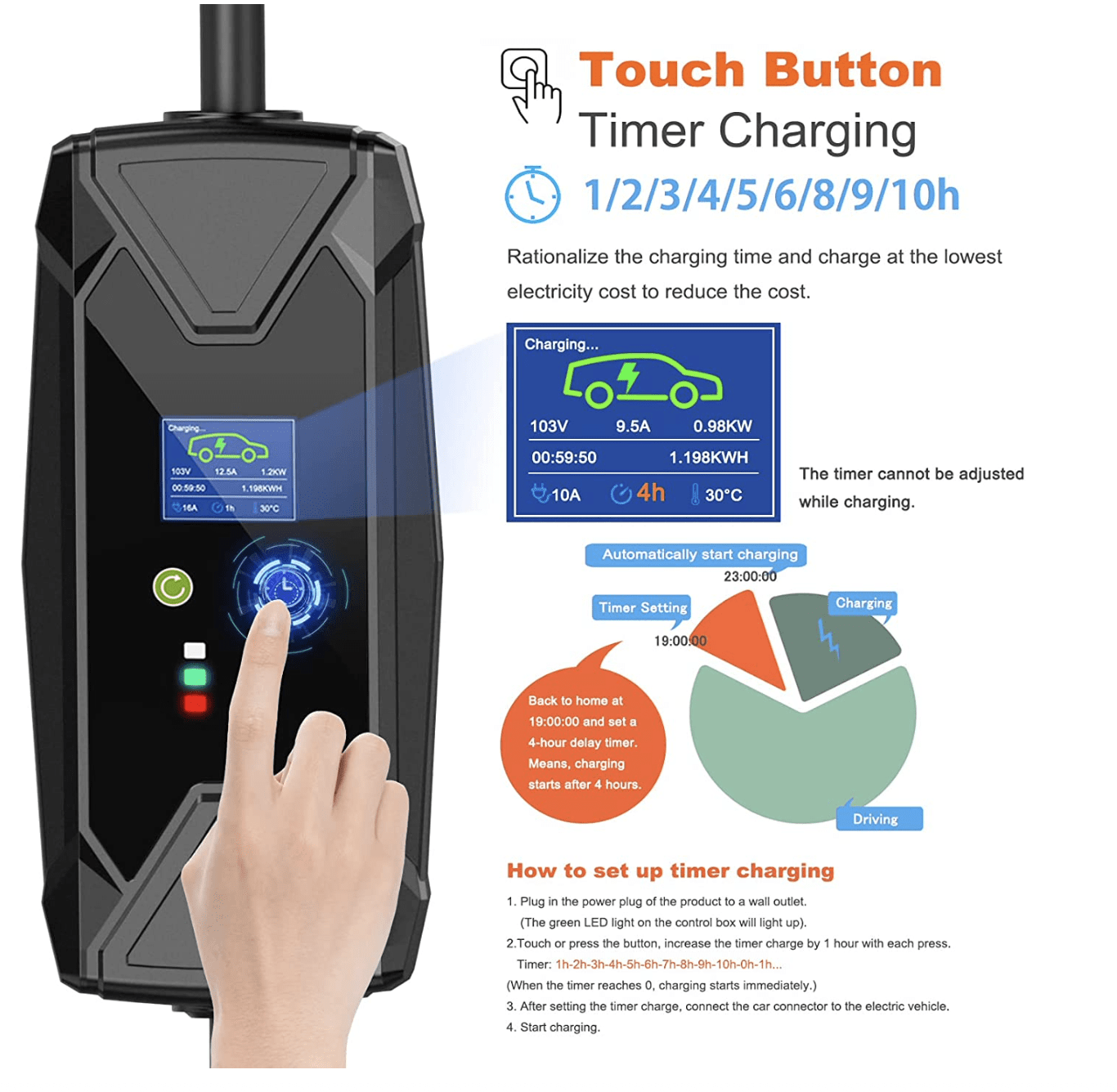 100-240V Type 1 Electric Vehicle EV Charger | 5 Meters Cable, 8/10A Adjustable | Australian Plug | Portable SAE J1772 EVSE Electric Vehicle Charger Plug-in EV Charging Cable Station