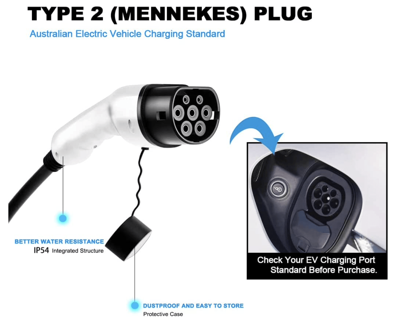 Type 2 Mennekes EV Charger | 100-240 Volt, 5 Meters Cable, 8/10 Amp Adjustable | Australian Plug | Type 2 (IEC 62196-2) Portable EVSE Electric Vehicle Charger Plug-in EV Charging Cable Station | Tesla Model Y/3