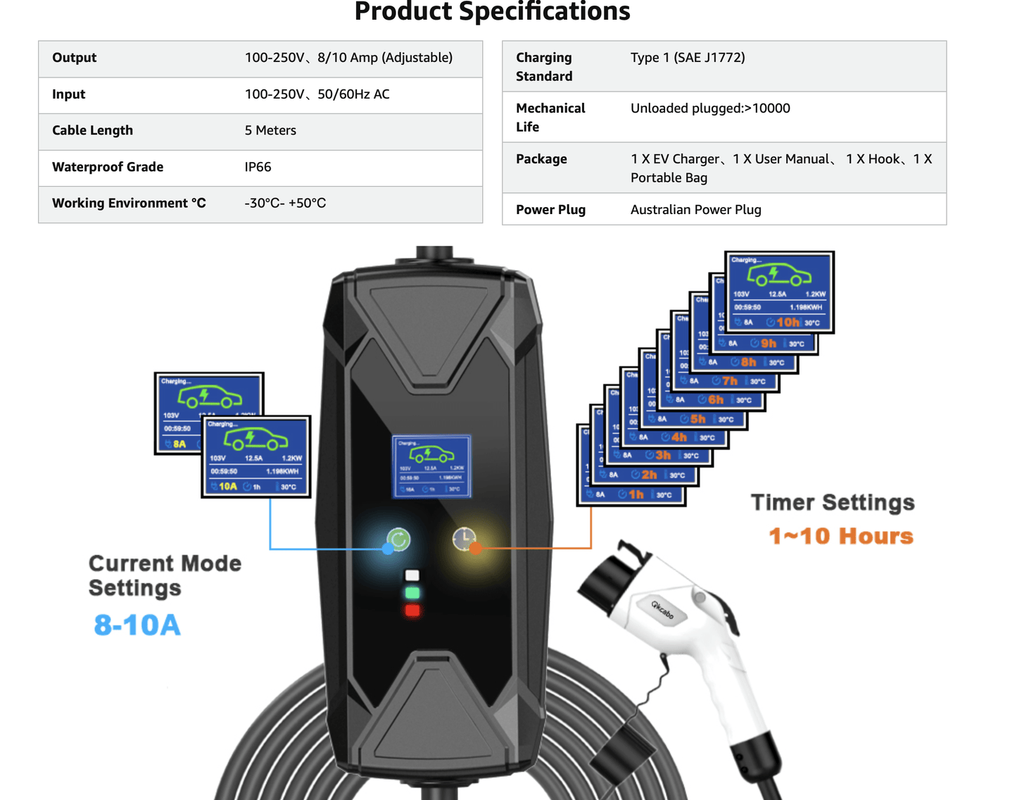 100-240V Type 1 Electric Vehicle EV Charger | 5 Meters Cable, 8/10A Adjustable | Australian Plug | Portable SAE J1772 EVSE Electric Vehicle Charger Plug-in EV Charging Cable Station