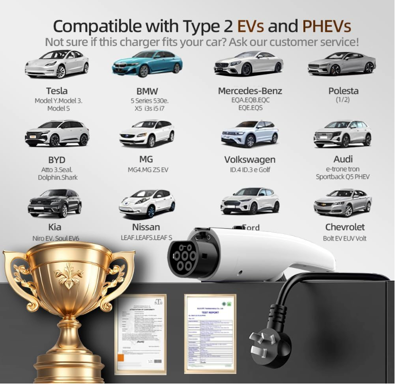 VINLEN Type 2 EV Charger - 3.5KW, 10M Cable, Adjustable Current (10A-15A), Compatible with Australian 10A & 15A Power Socket (Adapter Included), Compatible with Tesla, BYD, MG, Kia, Polestar & More