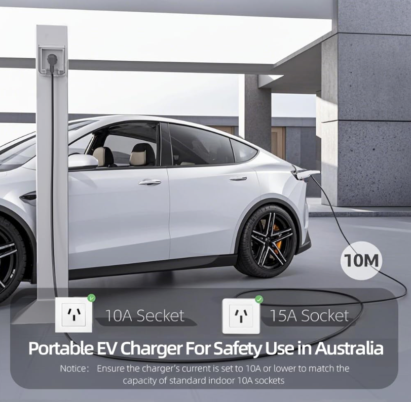 VINLEN Type 2 EV Charger - 3.5KW, 10M Cable, Adjustable Current (10A-15A), Compatible with Australian 10A & 15A Power Socket (Adapter Included), Compatible with Tesla, BYD, MG, Kia, Polestar & More