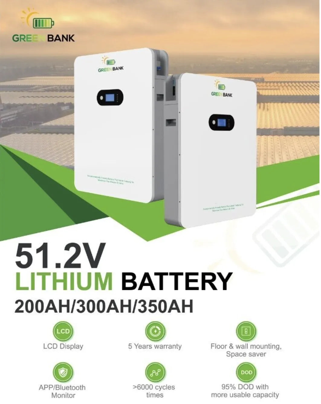 Green Bank Solar LiFePO4 10 KWH lithium battery 48V 200AH – GB48200